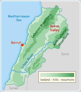 Map of Lebanon showing Bekaa Valley
